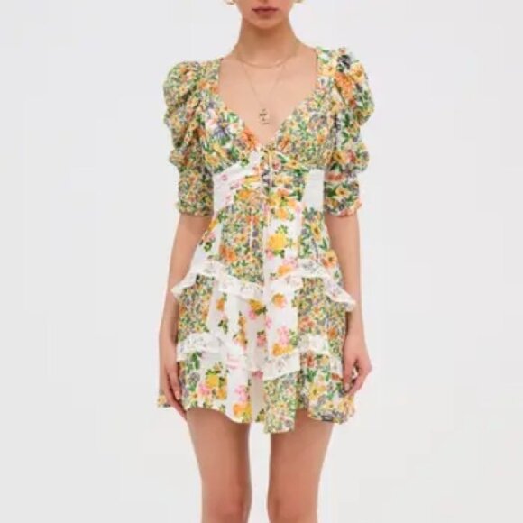 For Love and Lemons Rosalyn Floral Ruffle Mini Dress in Green XXS Cottagecore - Picture 7 of 13
